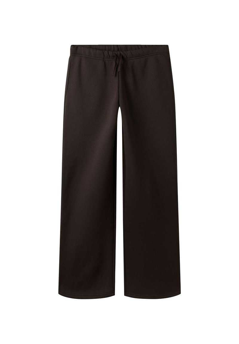 Tumši brūnas plata piegriezuma bikses ar elastīgu jostasvietu un auklu, sānu kabatām un brīvu piegriezumu.
