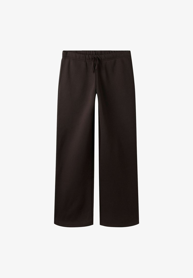 Tumši brūnas plata piegriezuma bikses ar elastīgu jostasvietu un auklu, sānu kabatām un brīvu piegriezumu.