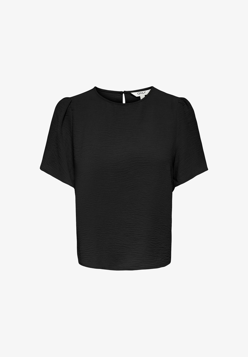 Blouse noire à manches courtes avec encolure ronde, manches légèrement bouffantes, tissu texturé et petite ouverture goutte d'eau boutonnée dans le dos.