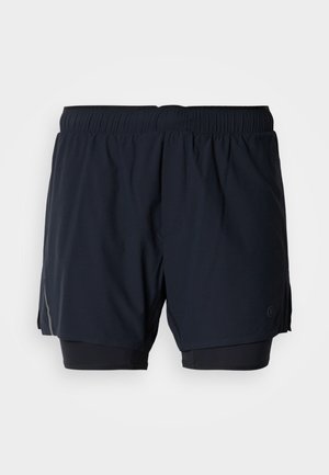 Heren hardloopshorts in donker marineblauw met een lichtgewicht buitenlaag, elastische tailleband en binnenvoering met compressie. Zijsplitten voor bewegingsvrijheid.