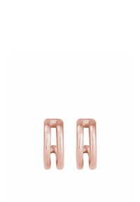 Orecchini a cerchio in oro rosa con superficie liscia e lucida, dal design contemporaneo e minimalista, con forma aperta.