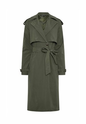 Trench coat lungo verde scuro con ampio colletto, vita con cintura, spalline e cinturini con bottoni sui polsi.