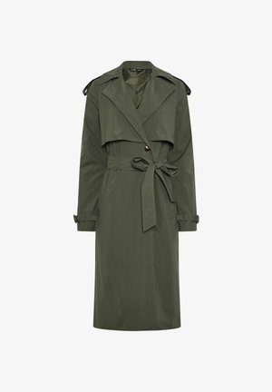 Trench coat lungo verde scuro con ampio colletto, vita con cintura, spalline e cinturini con bottoni sui polsi.