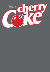 Červeno-bílý grafický textový design s nápisem "Užijte si Cherry Coke" a ikonou třešně na tmavě šedém pozadí.
