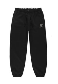 Czarne dresy wykonane z miękkiego materiału, z elastycznym paskiem w talii, sznurkiem do regulacji, bocznymi kieszeniami oraz subtelnym logo na lewej udzie.