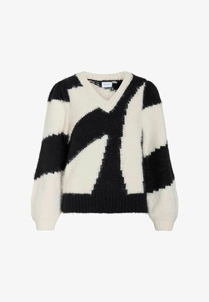 V-neck sweater featuring a black and white abstract pattern, made of soft, textured fabric with long sleeves and a fitted waistband.