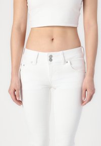 White denim jeans featuring a high waist, two-button closure, and front pockets, with a smooth, textured finish.