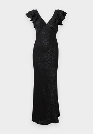 Black evening dress with ruffled sleeves, deep V-neckline, and a textured, pattern-like design on the fabric. Floor-length silhouette.