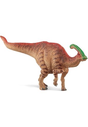 Plastic dinosaur figure with a brown body, red accents, and a green crest. Detailed texture, standing on four legs, with visible claws.