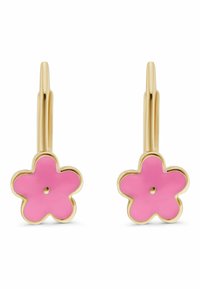 Guldörhängen med rosa emalj och fembladiga blommaamulett, där varje blomma har en liten prick i mitten.