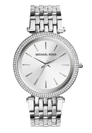 Silver Michael Kors wristwatch with rhinestone bezel, minimalist dial with silver hour markers, and linked metal bracelet strap.