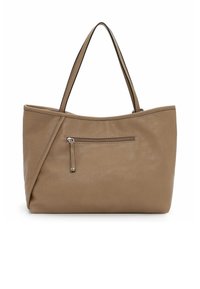 Bolso tote de cuero color canela con dos asas y un bolsillo delantero con cremallera que presenta un detalle diagonal perforado en cuero en un lado.