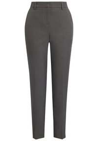 Szare, dopasowane spodnie o gładkiej fakturze, prostych nogawkach i średniej wysokości pasie. Posiadają szlufki na pasek oraz boczne kieszenie.