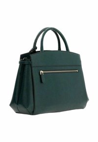Zielona torebka z ekoskóry o teksturowanej powierzchni, strukturalnym kształcie, podwójnych rączkach oraz przedniej kieszeni na zamek z metalowymi elementami w kolorze złotym.