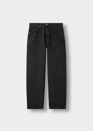 Black straight-leg denim jeans with front and coin pockets, button closure, and belt loops on a light gray background.