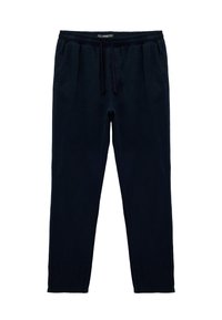 Marineblå casual bukser med elastisk talje og snøre, sidelommer og lige benfit på en hvid baggrund.