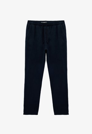 Pantalon décontracté bleu marine avec taille élastique et cordon de serrage, poches latérales et coupe droite sur fond blanc.