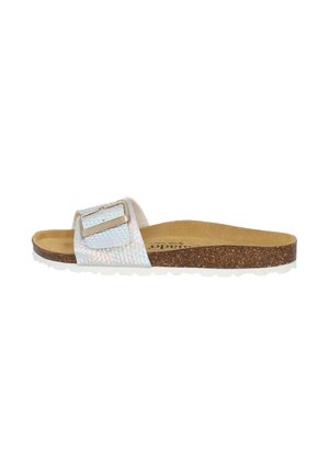 Slide sandal with an iridescent upper, adjustable buckle, cork footbed, and white textured outsole. Simple design, side view.