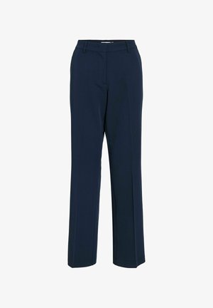 Navy blue trousers made of woven fabric, featuring a straight-leg design, front pleats, and a clean waistband with loops for a belt.