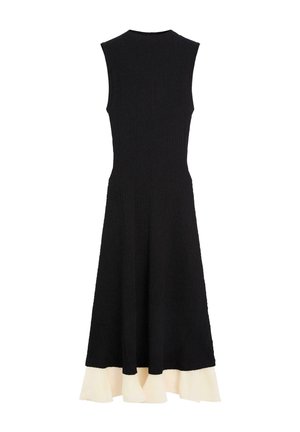 Zwarte mouwloze midi-jurk met nauwsluitend lijfje en uitlopende rok, voorzien van een contrasterende witte rucheszoom.