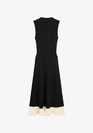 Vestito midi nero senza maniche con corpino aderente e gonna svasata, caratterizzato da un orlo con balza bianca a contrasto.