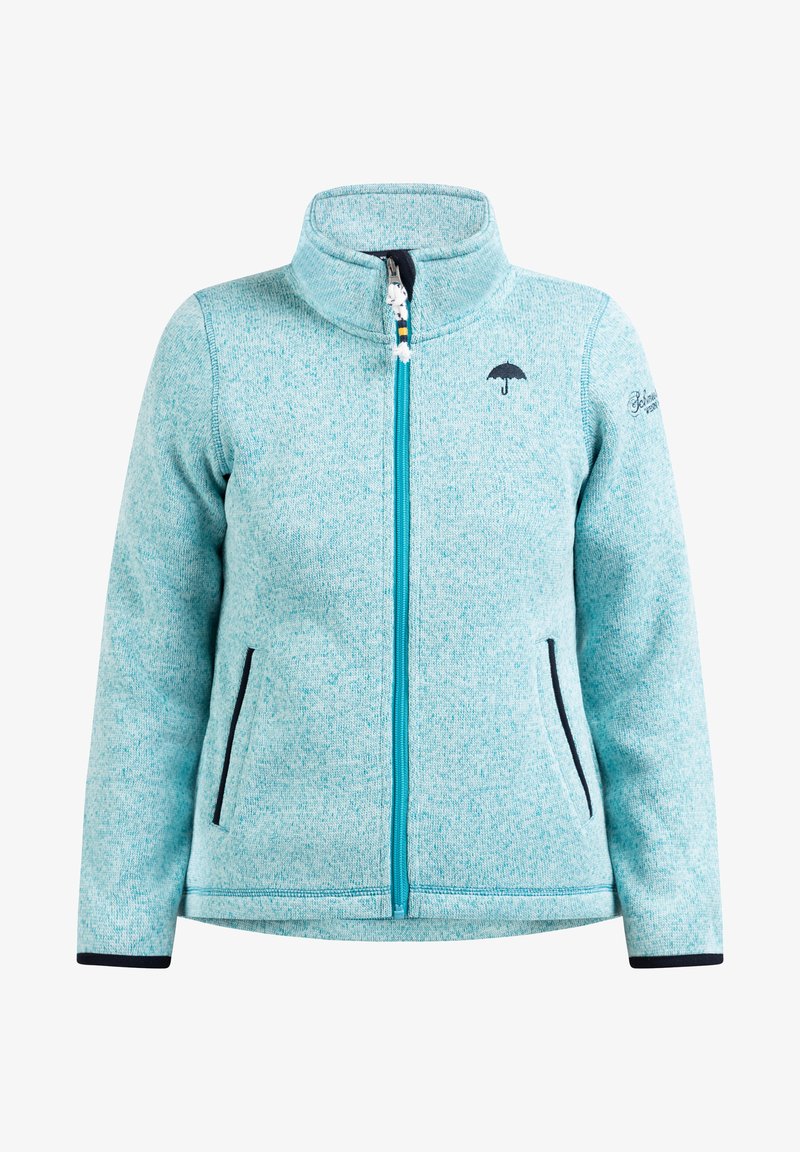 Svetlo modra flis jakna z visokim ovratnikom, zadrgo, dvema stranskima žepoma in temno modrimi detajli. Na prsih se nahaja logotip dežnika.