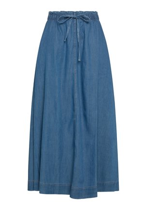 Denimhame, jossa joustava vyötärönauha ja säädettävä solmimisnauha. Hameessa on ilmava A-linjainen muoto ja raaka helma, jossa näkyy ompelusauma.