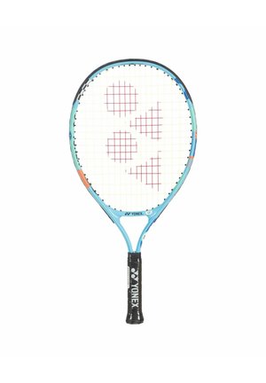 Blue and black Yonex tennis racket with white and red string pattern against a white background.