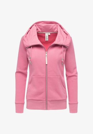 Felpa rosa con zip, dotata di un ampio cappuccio a due strati, tasche frontali e lacci. Realizzata in materiale morbido con polsini a coste.