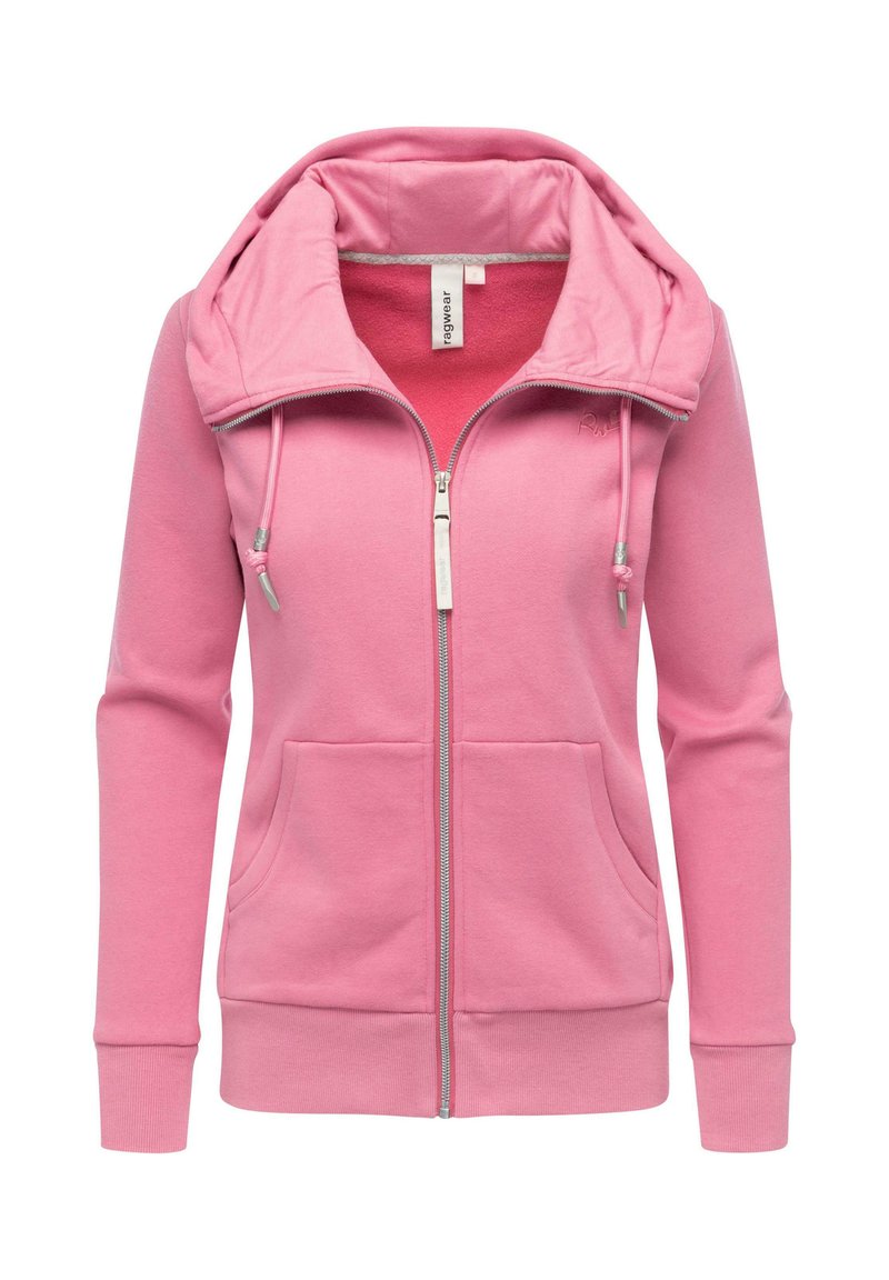 Felpa rosa con zip, dotata di un ampio cappuccio a due strati, tasche frontali e lacci. Realizzata in materiale morbido con polsini a coste.