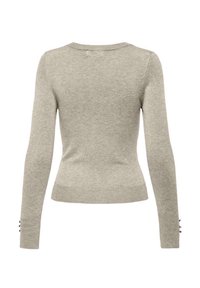 Pull en maille texturée gris clair, ajusté, avec des manches longues, un col rond et des boutons décoratifs aux poignets. Fabriqué dans un matériau doux.