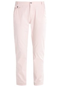 Ljust rosa bomullshängselbyxor med slim fit, med dragkedja, knappstängning och två sidfickor, slätt tyg utan mönster.