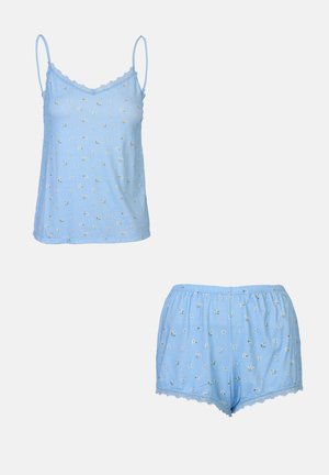 Light blue cotton sleep set composed of a camisole and shorts, featuring small floral patterns, lace trim, and adjustable spaghetti straps.