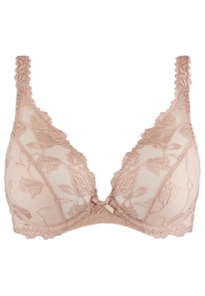 Soutien-gorge à armatures en dentelle rose clair avec broderies florales. Présente des bords festonnés et un petit nœud au centre pour le détail. Tissu en maille douce.