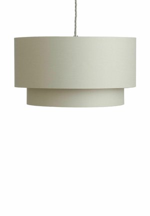 White double-layered cylindrical fabric pendant lampshade hanging from a twisted cord against a white background.
