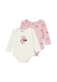 Set of two long-sleeve bodysuits: one cream with printed Minnie Mouse logo, one pink with scattered Minnie Mouse patterns. Cotton material.