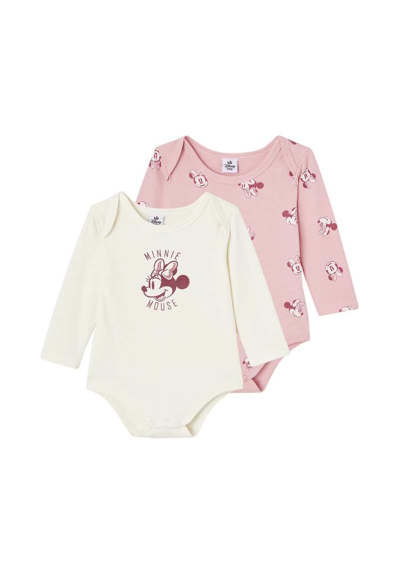Set of two long-sleeve bodysuits: one cream with printed Minnie Mouse logo, one pink with scattered Minnie Mouse patterns. Cotton material.