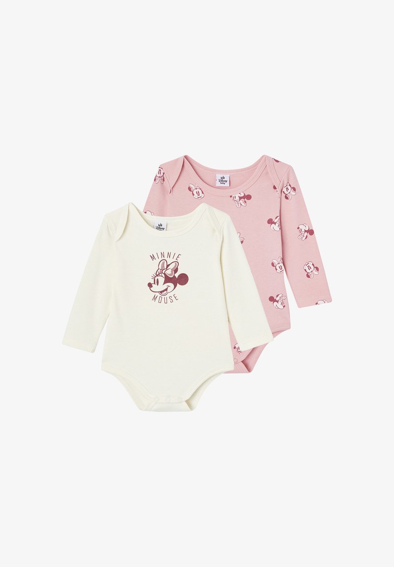 Set of two long-sleeve bodysuits: one cream with printed Minnie Mouse logo, one pink with scattered Minnie Mouse patterns. Cotton material.