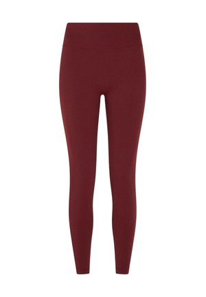 Bordeaux leggings lavet af strækbart stof med en høj talje, der har en glat tekstur og en tætsiddende silhuet.