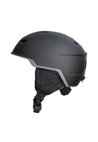 Schwarzer Skihelm mit matter Oberfläche, verstellbarem Kinnriemen und grauem Akzent entlang des Randes. Verfügt über Belüftungsschlitze für Luftzirkulation.