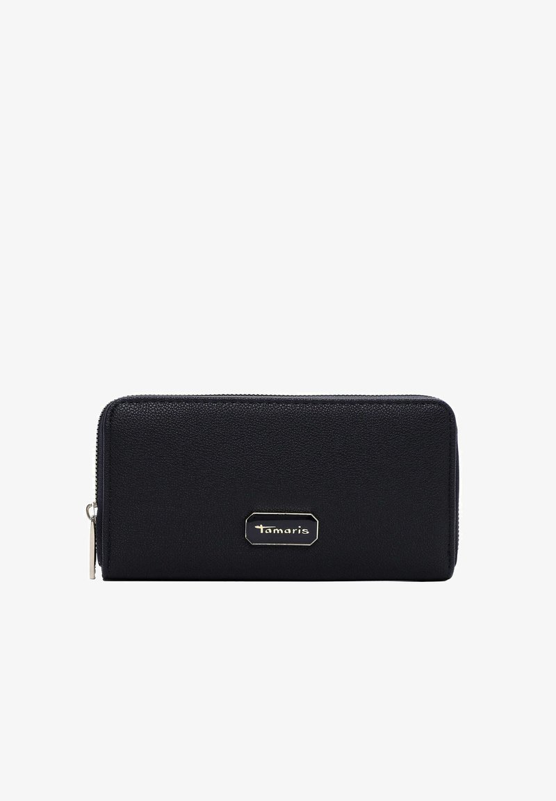 Portefeuille en cuir noir à surface texturée, avec une plaquette logo en métal argenté et une fermeture éclair sur le bord.