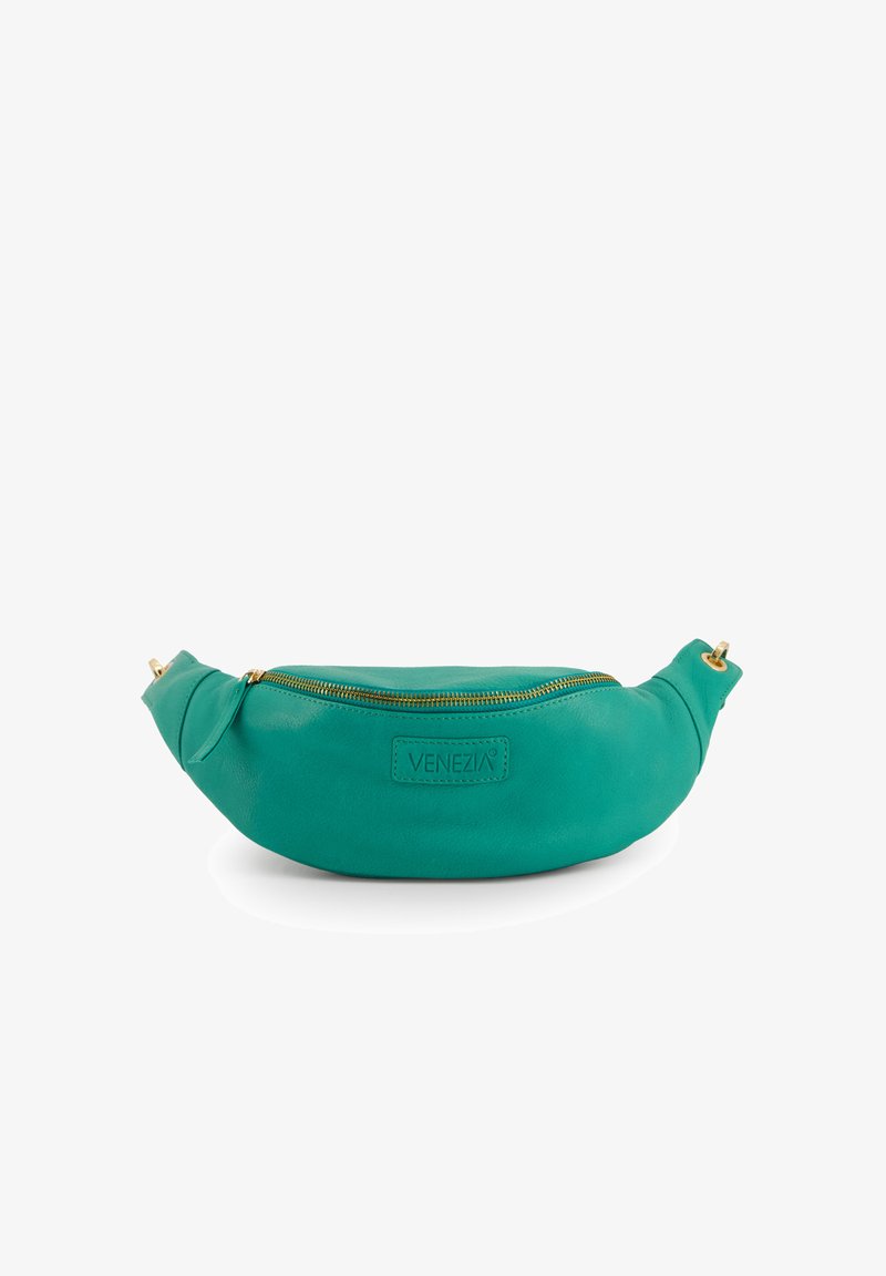 Pochette en cuir teal avec une forme incurvée, fermeture éclair dorée et étiquette "VENEZIA". Texture lisse, bords doux et design fonctionnel pour une utilisation à la main.