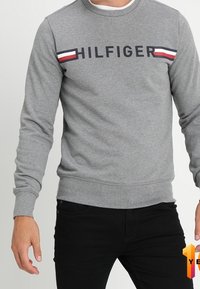 Grå crewneck-sweatshirt med "HILFIGER"-tekst i sort samt røde og blå striber tværs over brystet. Stoffet er blødt; ærmerne har ribkant.