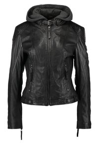 Black leather motorcycle jacket with a grey hood. Features a zip front, zippered pockets, and quilted shoulder accents.