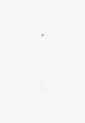 T-shirt blanc à manches courtes en coton doux, avec un col rond et une coupe décontractée. Aucun motif ni graphisme présent.