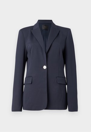 Marineblauer Blazer aus glattem Stoff, mit Reverskragen, Ein-Knopf-Verschluss und zwei vorderen Taschen.