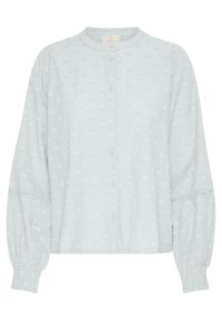 Hellblaue Bluse aus strukturiertem Stoff mit rundem Ausschnitt, durchgehender Knopfleiste, Puffärmeln und Spitzenakzenten an den Manschetten.