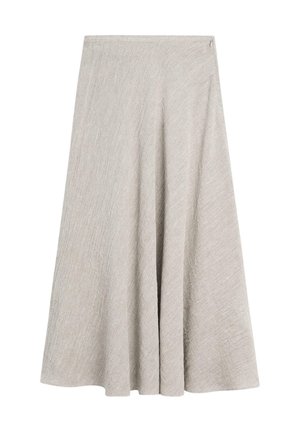Jasnoszara spódnica w kształcie litery A sięgająca do kolan z subtelną fakturą i małym zamkiem błyskawicznym w pasie na białym tle.