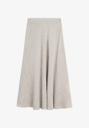 Lysegrå knælængde A-linje nederdel med subtil tekstur og en lille lynlåslukning ved linningen på hvid baggrund.