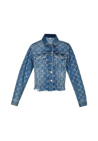 Jeansjacka med en kortad design, ljusblå färg, med ett repetitivt logomönster, två bröstfickor och knäppning med knappar.